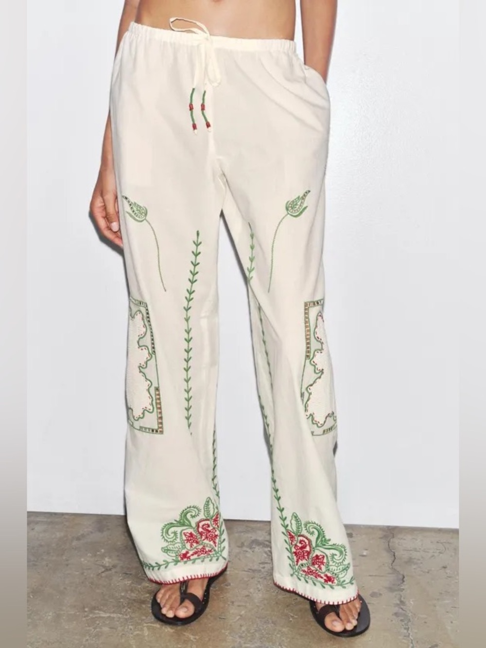 ZARA Cotton Embroidered & Crochet Wide-Leg Drawstring Pants - NWT L